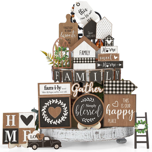 Yaomiao 21 Pcs Farmhouse Tiered Tray Decor Set Rustic Farmhouse Wood Decor Sign Vintage Rustic Family Gather Blessed Tiered Tray This is Our Happy Place Tabletop Sign for Home Kitchen Table Shelf