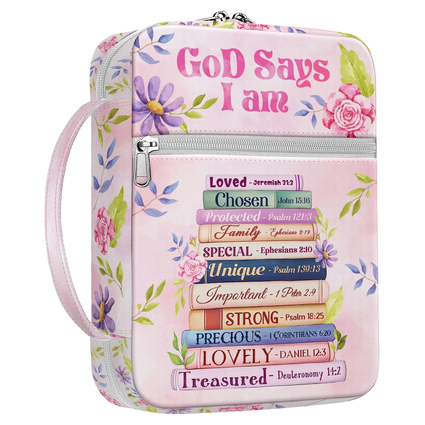 MYSMOR God Says I Am Bible Cover for Women, Floral Scripture Bible Case with Handle and Zipper Pocket, Christian Bible Bag for Girls and Ladies, Inspirational Gift for Church and Study Use