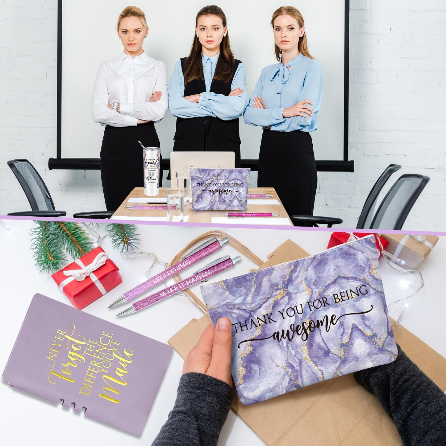 Domensi 6 Pcs Employee Appreciation Gift Set for Women Female Thank You Gift May You Be Proud 20 oz Rustic Marble Sign Tumbler Makeup Bag Journal for Nurse Lady Work Business(Purple)