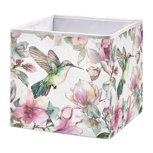 Xmycdz Cube Storage Bins Watercolor Floral and Humm ingbird Pattern Collapsible Fabric Storage Baskets, Large Clothes Organizer Box for Bedroom, Living Room, Study Room 11×11×11 in