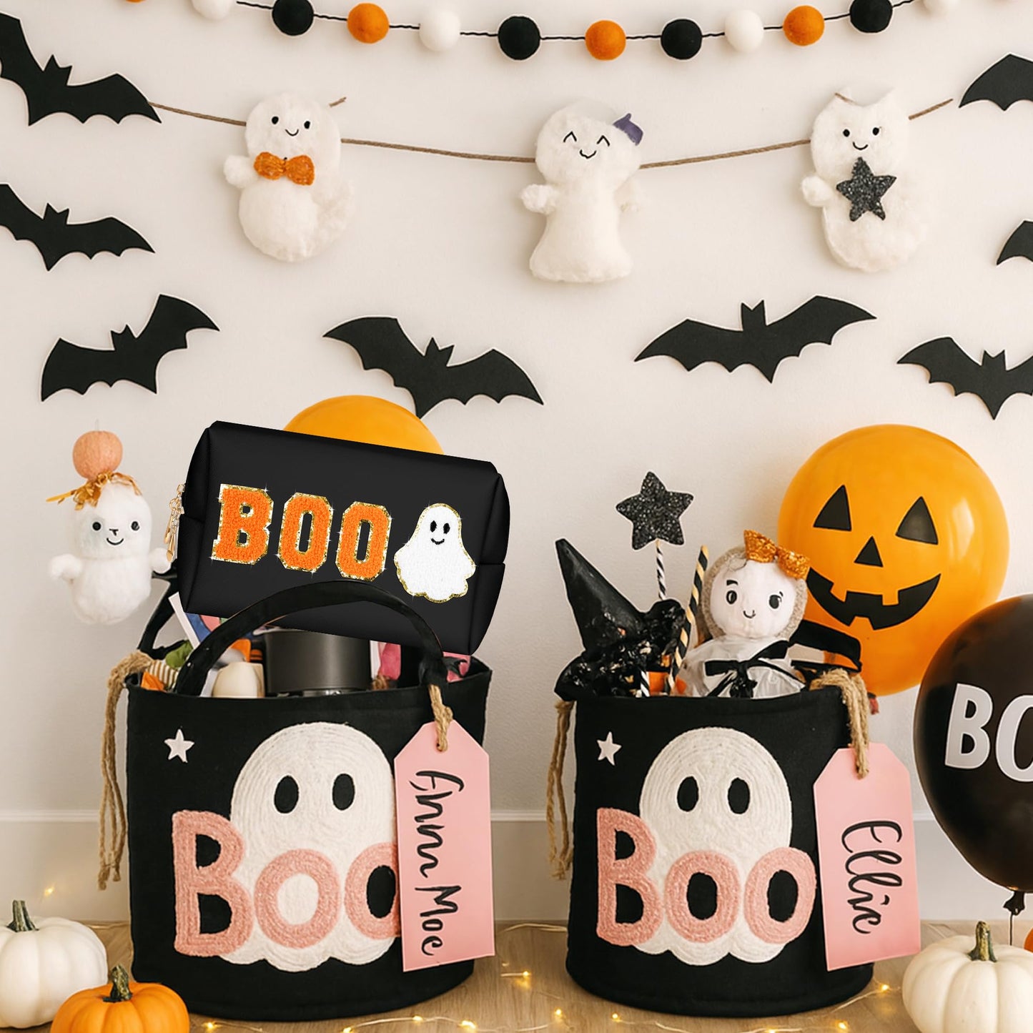 Dripkiaa Halloween Makeup Bag Chenille Patch Travel Cosmetic Bag Organizer Large Capacity Toiletry Bag Make Up Bags Cosmetic Pouch, Boo Basket Gifts for Women, Girls - Black