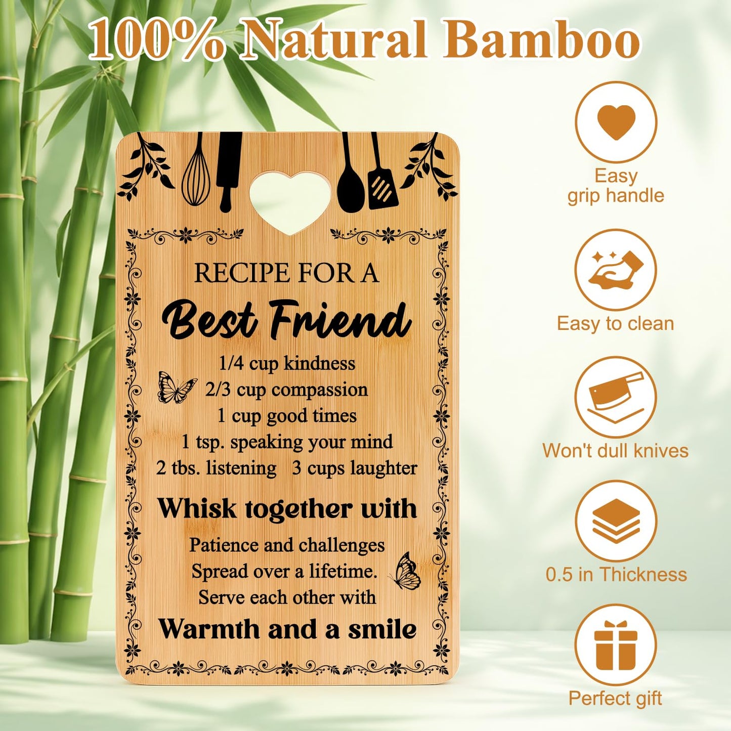Friend Kitchen Gift Bamboo Cutting Board Decorative Unique Birthday Present Xmas Charcuterie Boards for Friends Christmas Wooden Cheese Board Thanksgiving Friendship Gifts Chopping Board