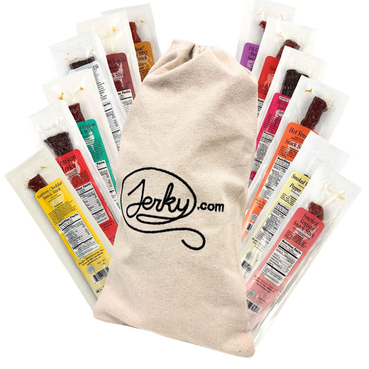 Jerky.com Exotic Meat Sticks Gift Bag | Wild Game Jerky Sampler with Venison, Elk & Wild Boar Meat Sticks | 12pc High Protein Jerky Gift basket for Men | Fathers Day Gift for Dad
