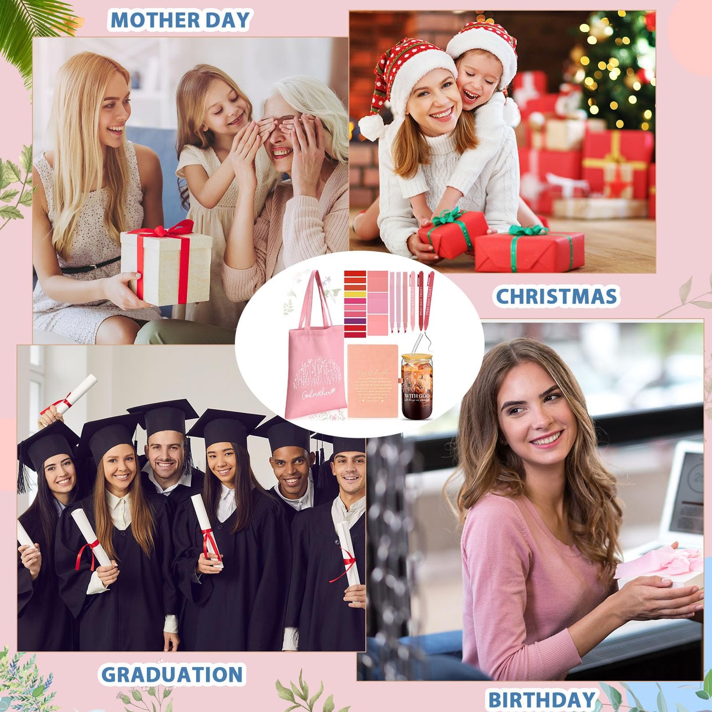 Talltalk 14 Pcs Godmother Appreciation Gift Set for Women 16oz Glass Canvas Bag A5 Journal Ballpoint Pen Notes Highlighter for Mother's Day Easter Birthday Wishes(Pink)