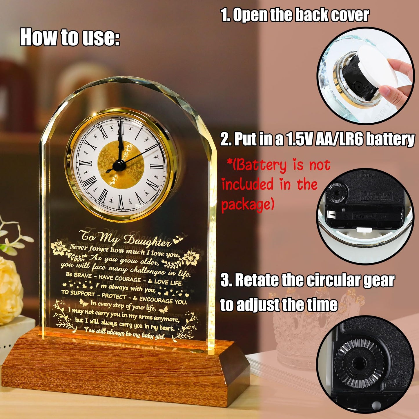 Arikyrist Daughter Gifts from Mom Dad Glass Daughter Clock with Wooden LED Light Base Inspirational Birthday Christmas Graduation Gift for Daughters Lovely Decor for Table Home