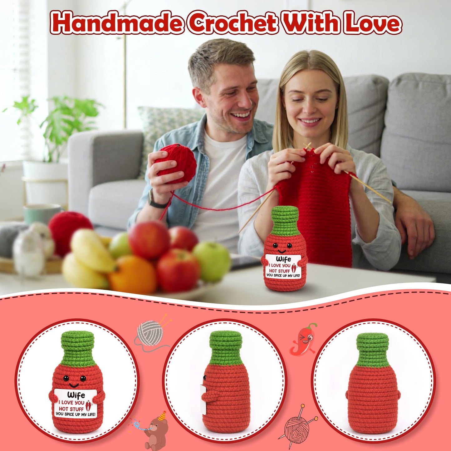 Wife Birthday Gifts for Women Anniversary Romantic Gift for Her from Husband, Mothers Day Sweet Gifts for Wife I Love You Wedding Wife's Persent Funny Handmade Crochet Hot Sauce Gift for Couple Her