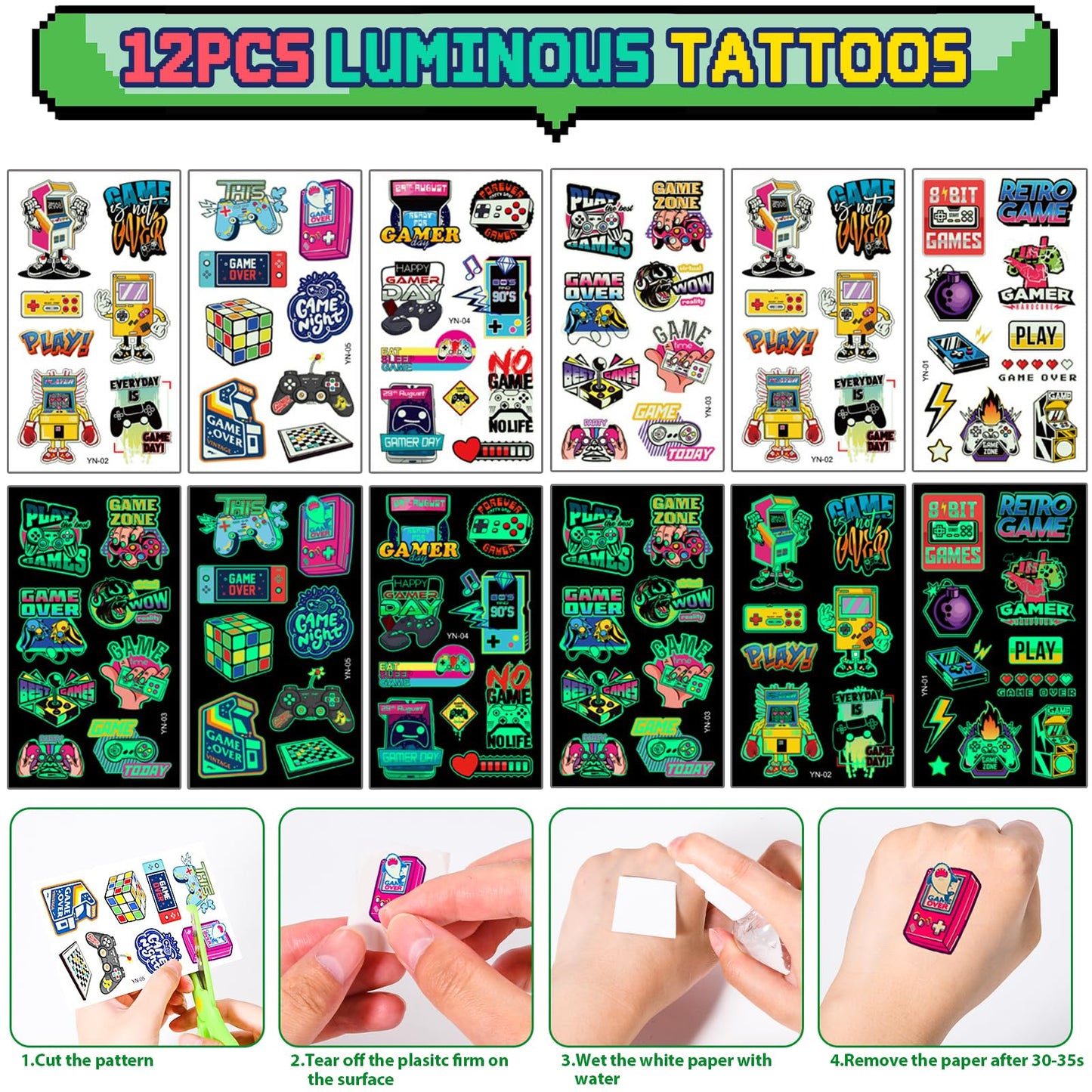 Winrayk 12 Sets Video Game Party Favors Gamer Birthday Supplies, Gaming Drawstring Bag Silicone Wristband Glow In The Dark Tattoos Keychain, Kid Game On Goodie Bag Stuffers Gamer Party favors Supplies