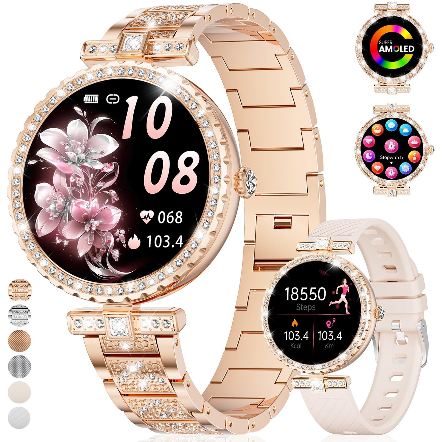 ESFOE Smart Watches for Women,1.19” AMOLED Smart Watch Women Answer Make Calls,IP68 Waterproof Fitness Tracker,Heart Rate Sleep Monitor,100+ Sports Pedometer Watch for Android iOS Phone,Gift,Rose Gold