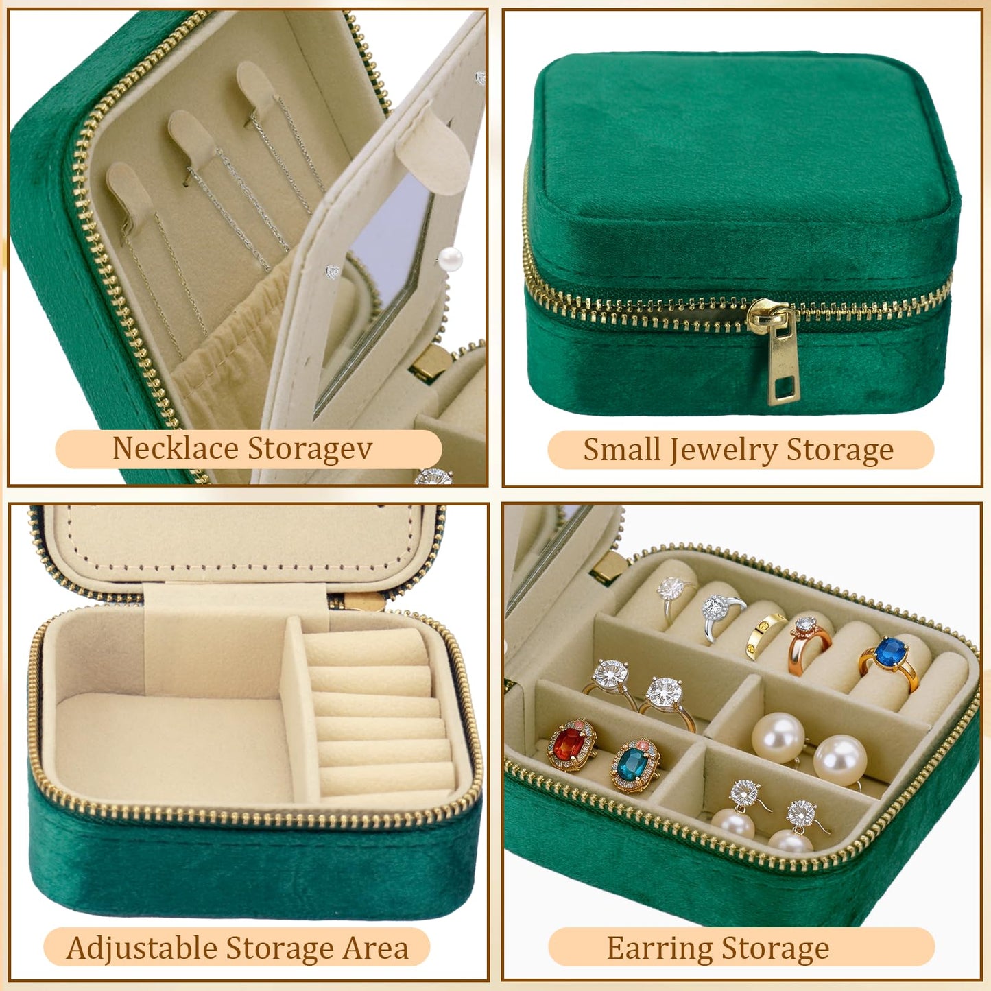 SRYTCYDA 4PC Travel Jewelry Box, 3.93" × 3.93" Portable Small Velvet Jewlery Organizers and Storage with Mirror, Travel Jewellery Case Gift for Women for Stud Earrings, Rings, Necklaces (Dark green)