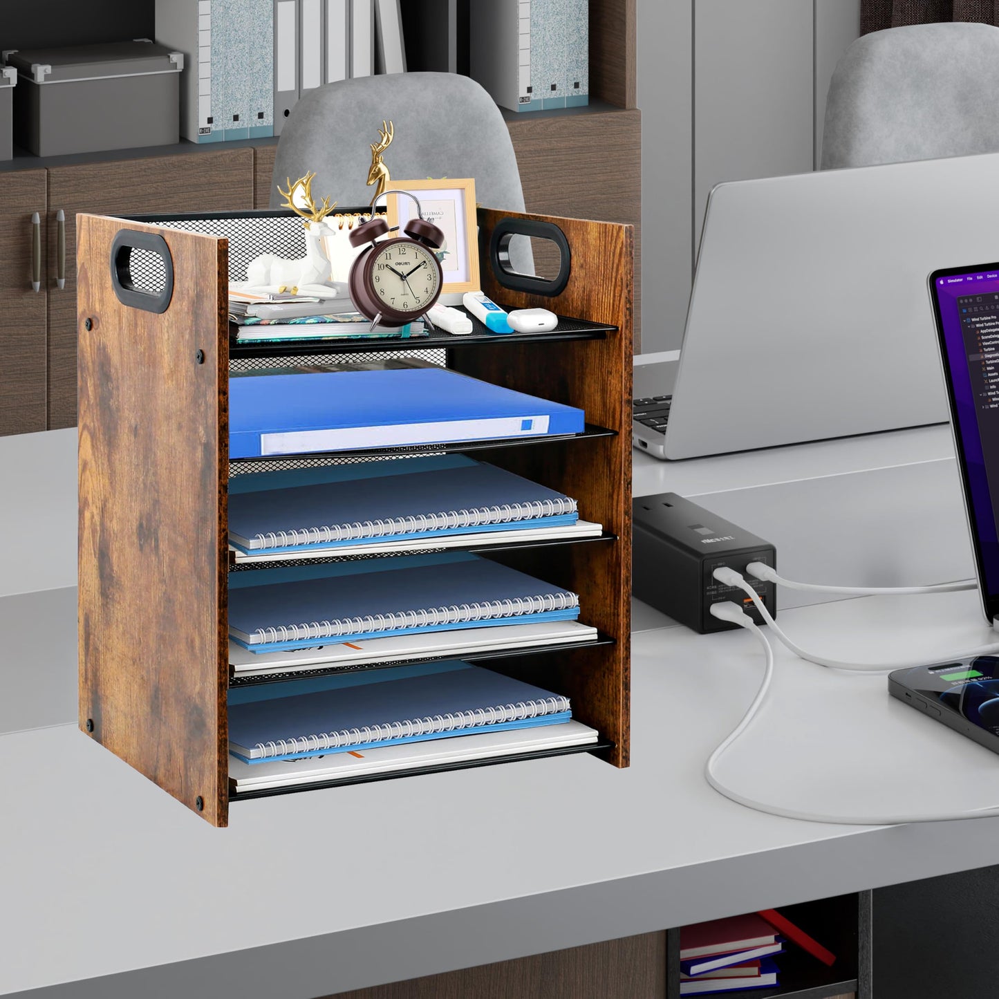 Boershun Wood Desk Organizer - 5-Tier Desktop File Organizer, Wooden Paper Tray, Office Desk Organzier and Accessories for Papers, Mail, Notebooks, Stationery