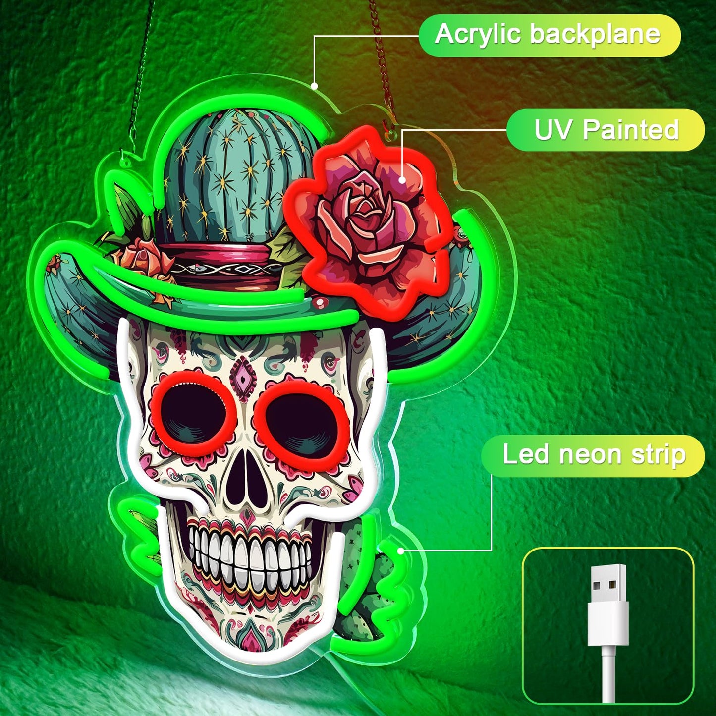 Sneignon Day of the Dead Neon Sign - Mexican Sugar Skull LED Neon Light for Home & Bar Decor,UV Printed Art with Flexible LED Strip,Halloween & Día de Muertos Party Decoration（green)