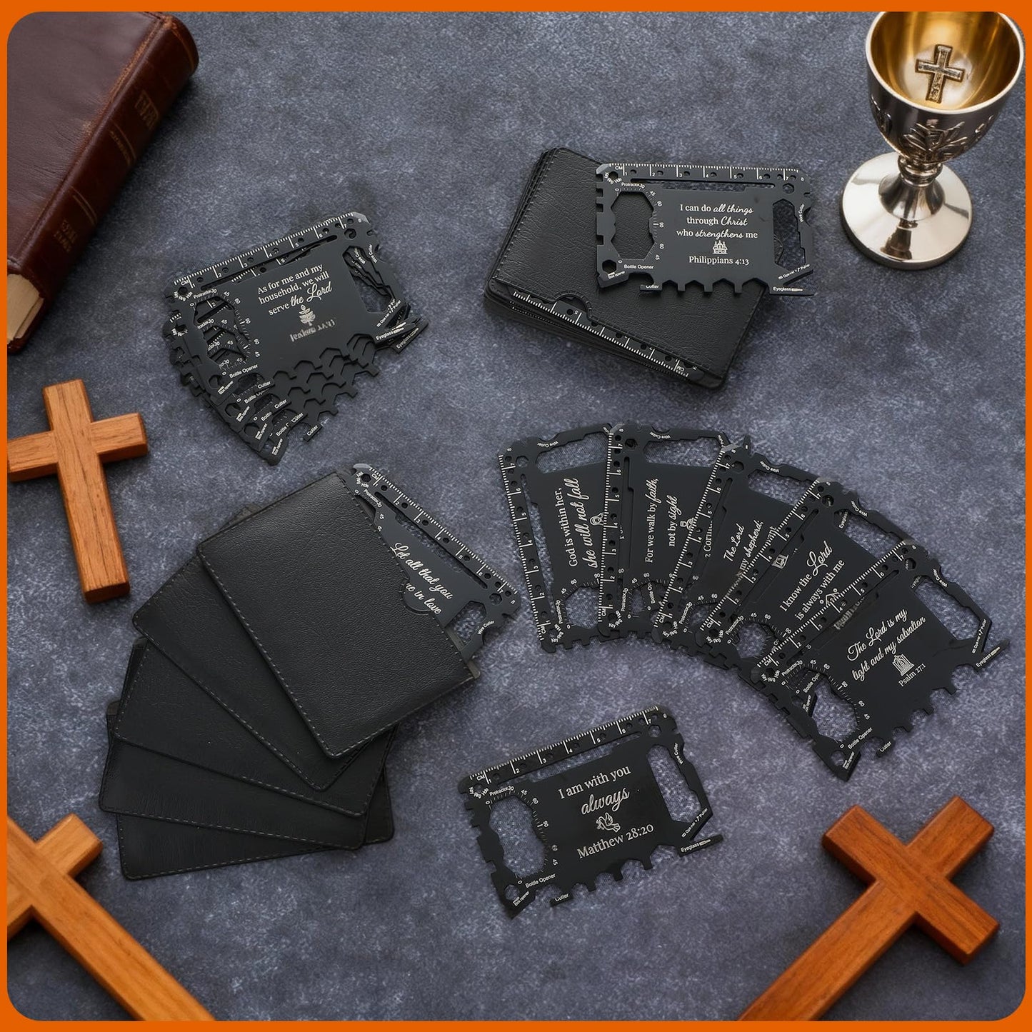 Otoolling 16 Pcs Bible Verse Credit Card Wallet Multitool 46 in 1 Metal Stainless Steel Survival Pocket Tool Multipurpose Bottle Opener Bulk Christmas Stocking Stuffer Gift for Men Dad Husband