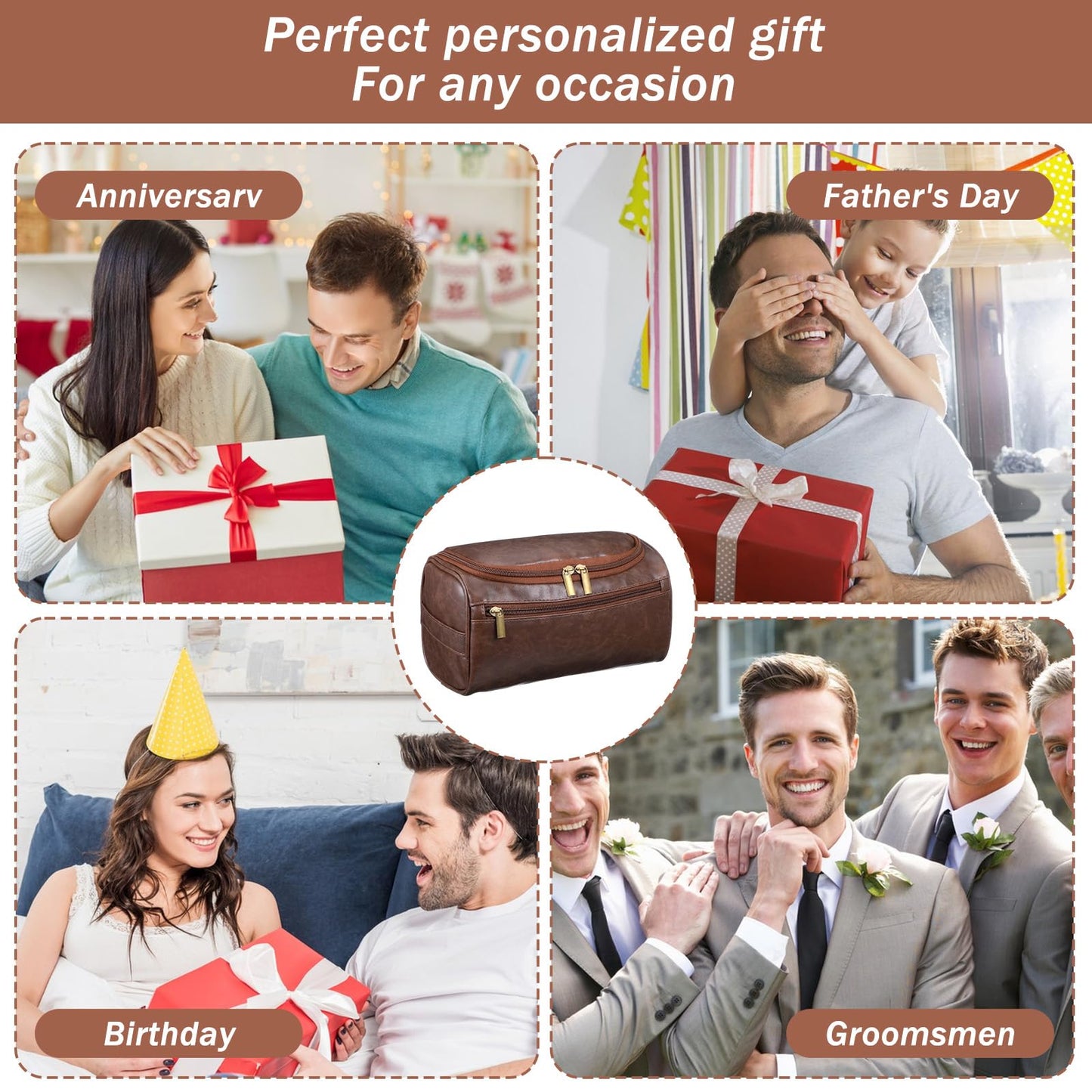 kenaeooe 4 Pcs Leather Toiletry Bag for Men Groomsmen Gifts Set with Hook Large Waterproof Travel Shaving Kit Vintage Cosmetic Bag for Father Boyfriend Anniversary