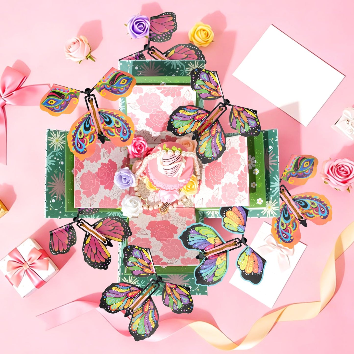 ELDGREON Explosion Gift Box, Flying Butterfly Surprise Gifts Box, DIY White Gift Included Butterfly Kit and Faux Rose Head for Birthday, Weddings, Mother's Day, Anniversaries