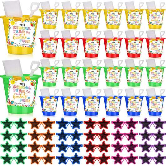 PullCrease 24 Set End of Year Students Beach Sand Bucket with Shovels Gift from Teacher Bulk Neon Sunglasses Cards Preschool Kindergarten Graduation Gifts for Beach Summer Party(Star,Colorful)