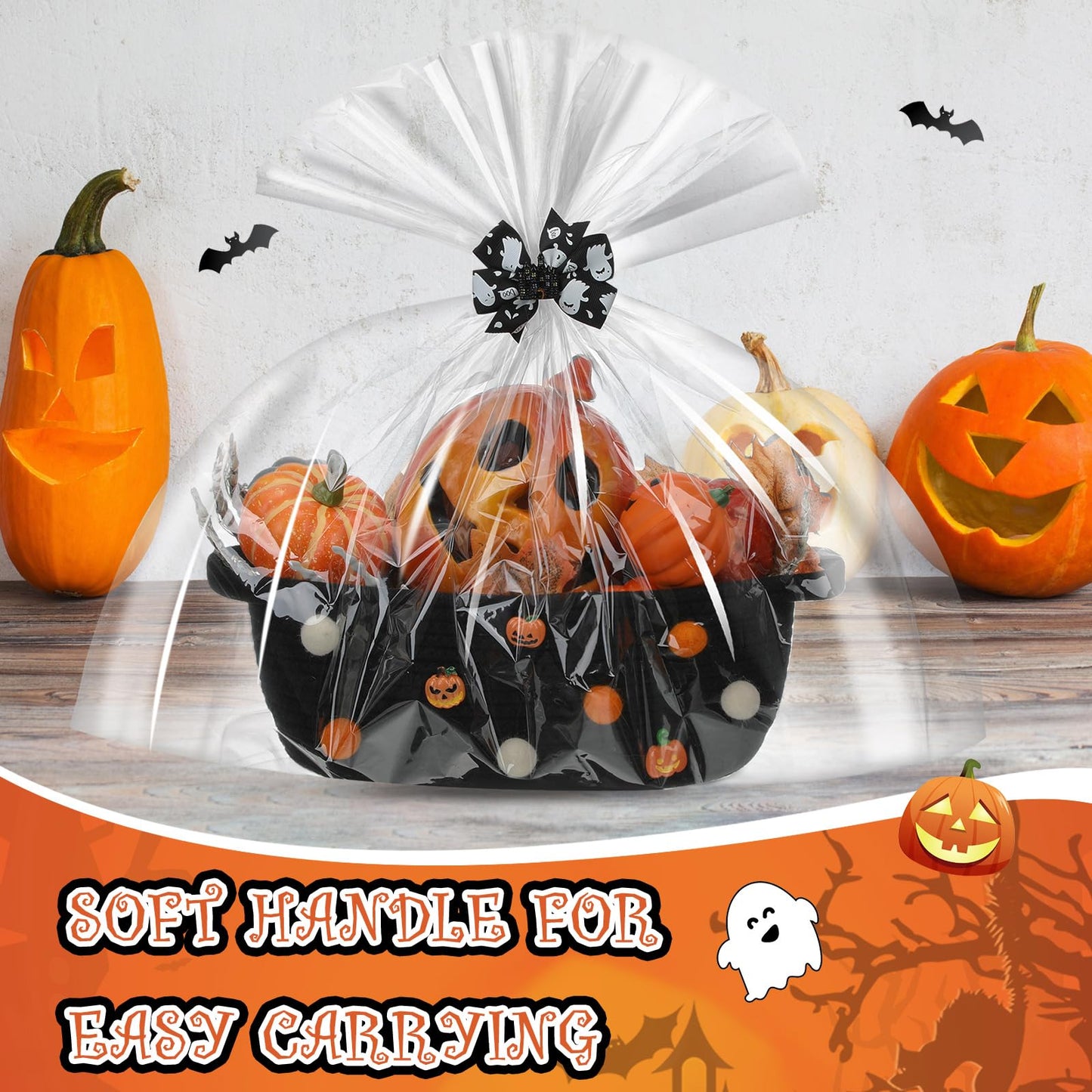 Teenyyou Halloween Gifts Basket Empty, 12" x 8" x 5" Woven Rope Basket with Gift Wrap Bag and Bow Clip for Halloween Party Gift Wrapping Decorations(Black)