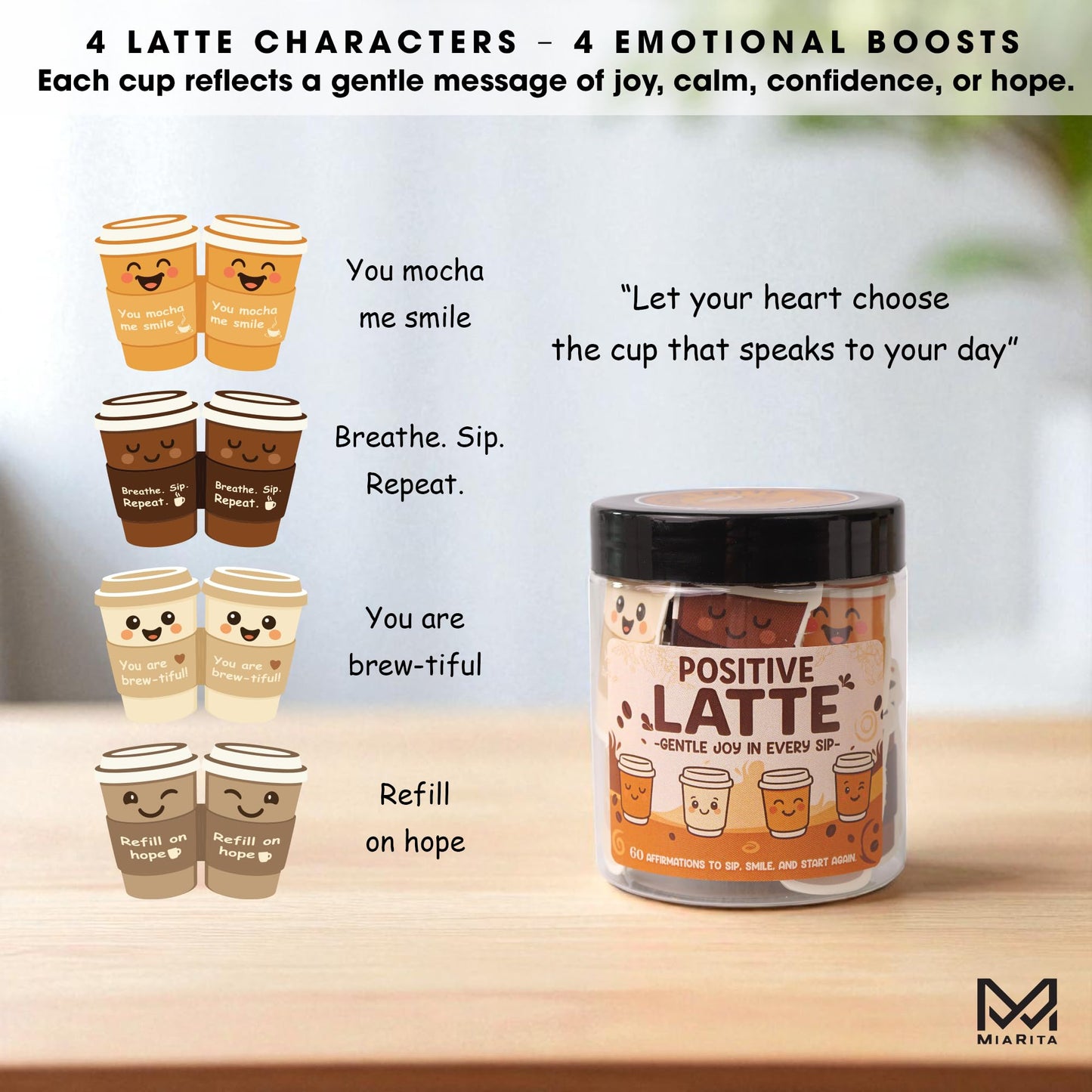 Positive Latte Affirmation Jar – 60pcs Cute Emotional Support Lattes Cards – Coffee Gifts for Women, Men– Birthday Gift, White Elephant Gifts for Women Men Coworker, Boss, Teacher Appreciation Gift