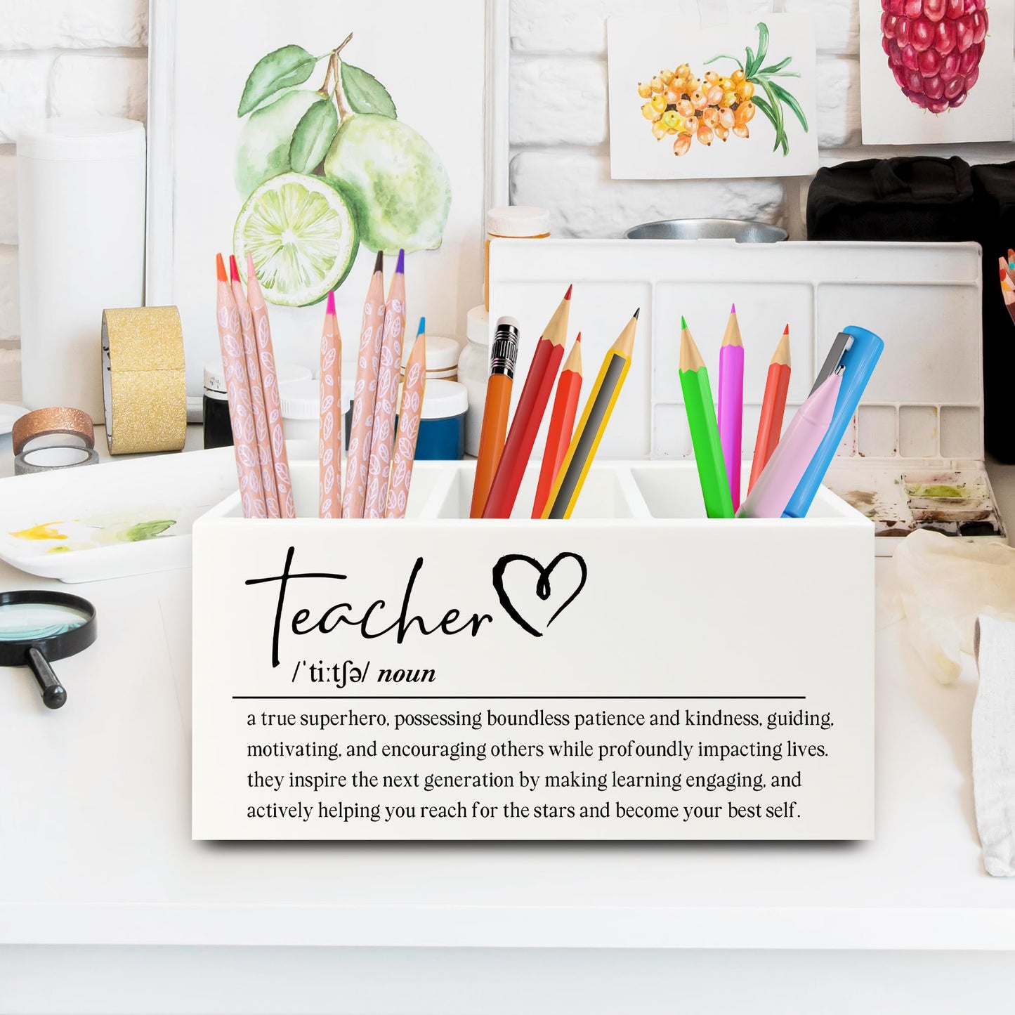 XPH Teacher Pen Pencil Holder Organizer for Desk, Teacher Appreciation Gifts, End of the Year Teachers Gifts for Women Men Wooden Box Sign for Office Workplace Classroom Desk Tabletop Decorations