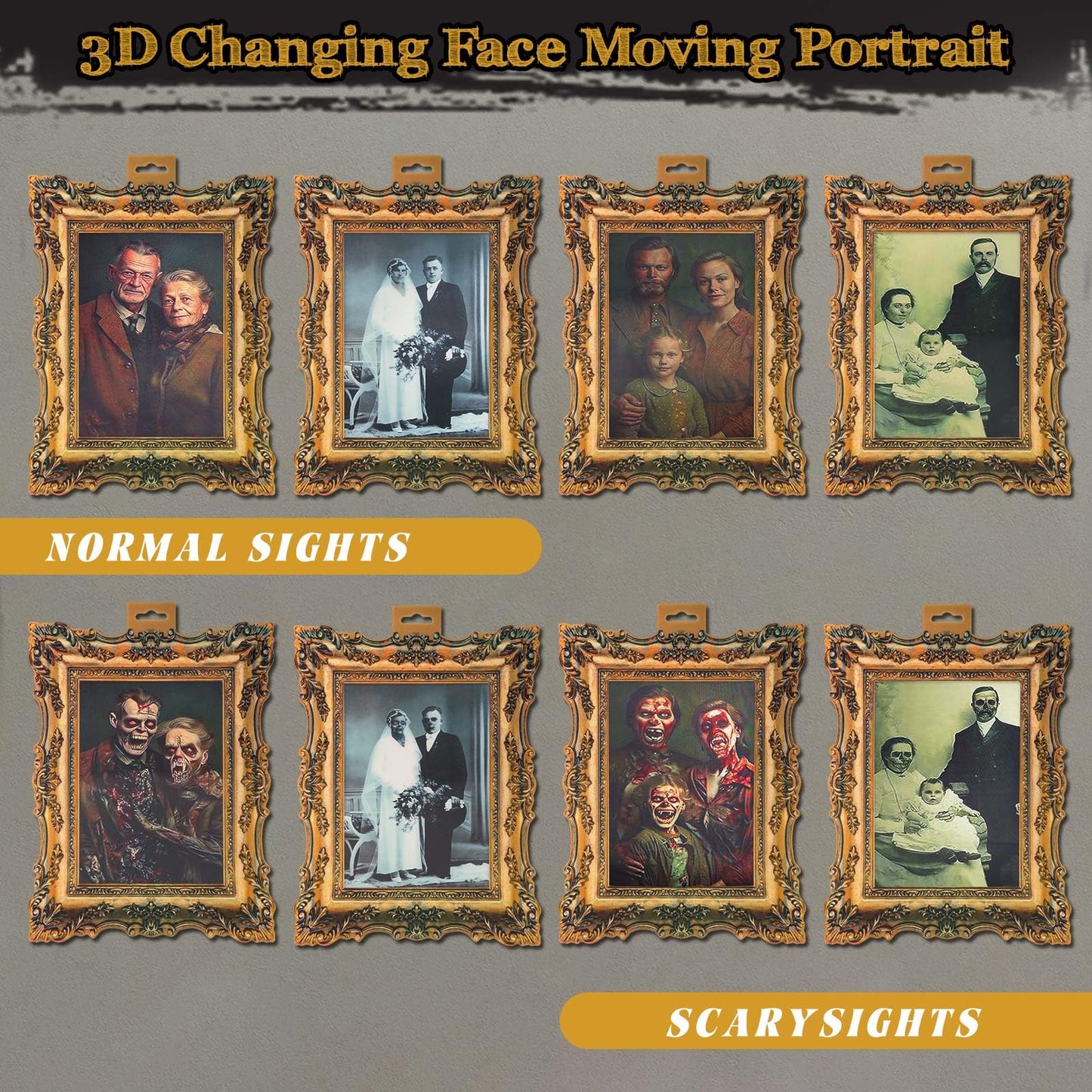 YBB 8Pcs Halloween 3D Changing Face Moving Pictures, Horror Portrait Frame Scary Photo with Hanging Hole Creepy Wall Decor for Home Castle Haunted Mansion House Halloween Party