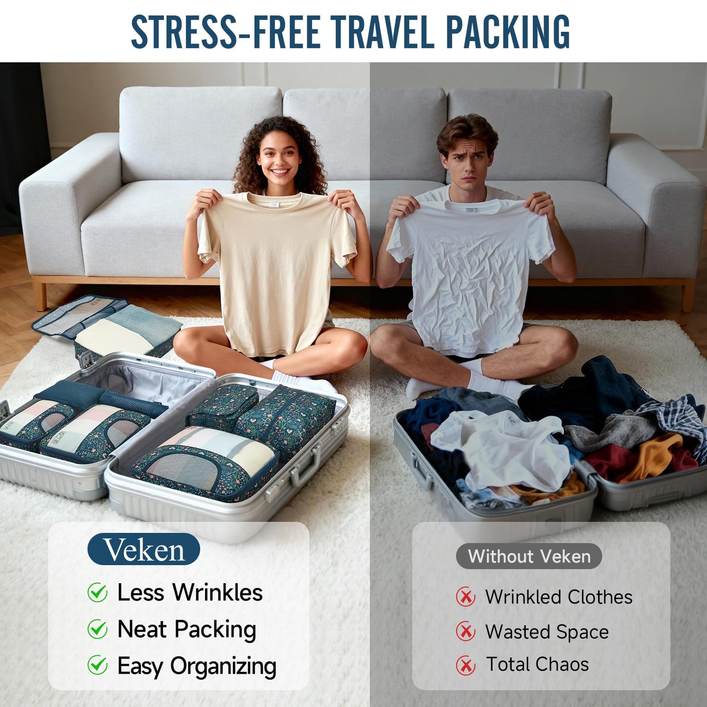 Veken 10 Set Packing Cubes for Travel Essential, Suitcase Organizer Bags in 4 Sizes, Carry-On Luggage Accessories with Large Laundry & Hanging Toiletry Bag, Must-Have for Airplane, Road Trip & Camping