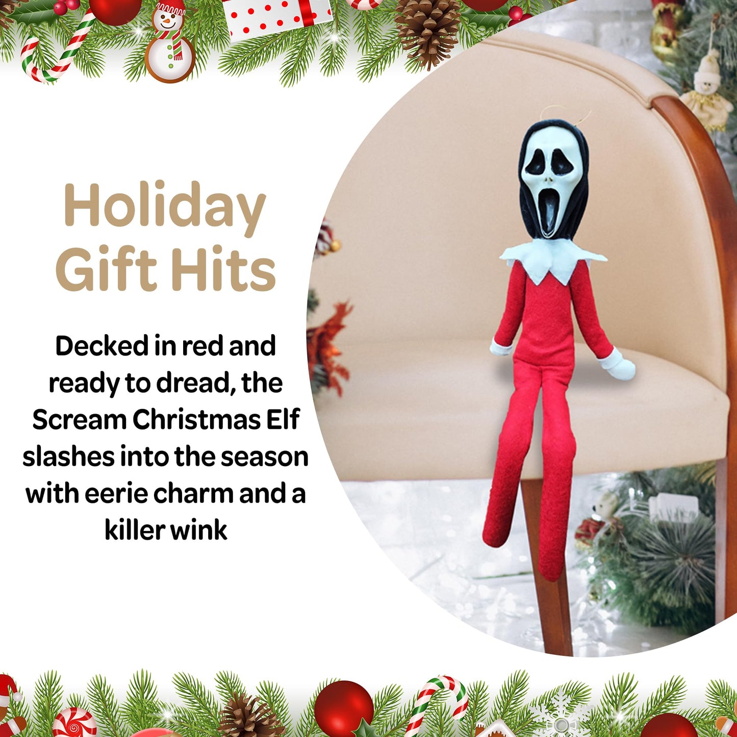Party Monkeys Bend and Pose Creepy Ghost Masked Elf Decoration 35cm – Handmade Horror-Inspired Ornament for Christmas, Halloween & Holiday Party Décor – Spooky Collectible with Sinister Expression