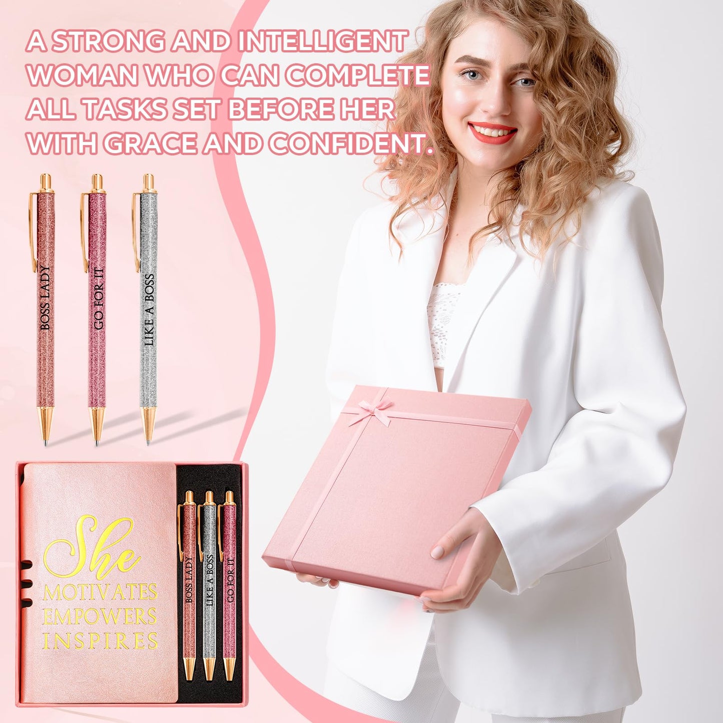 Resurhang 5 Pcs Boss Gifts for Women Set Appreciation Gifts for Coworkers Leather Journal Ballpoint Pens with Box Thank You Present for Friends Teacher Female Leader Birthday Bestie (Pink)
