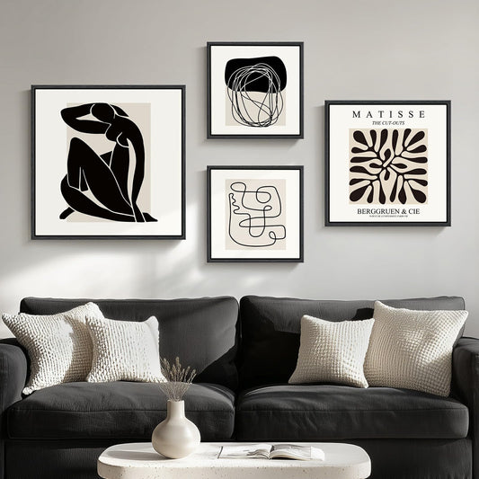 Framed Matisse Abstract Wall Art for Living Room, Set of 4 Piece Black and White Modern Canvas Artworks, Mid Century Neutral Beige Minimalist Painting Prints for Bedroom Hallway Office Wall Decor