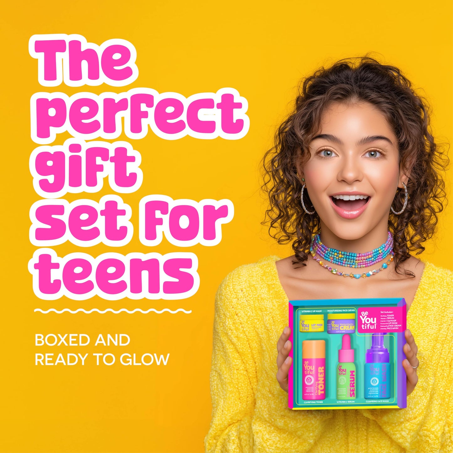 BeYoutiful Skin Care Gift Set for Teens, BFF Regimen 5-Piece kit for Sleepovers & Kids Skincare, Toner, Face Wash, Serum, Moisturizer Lotion & Lip Mask, Vegan, Cruelty-Free