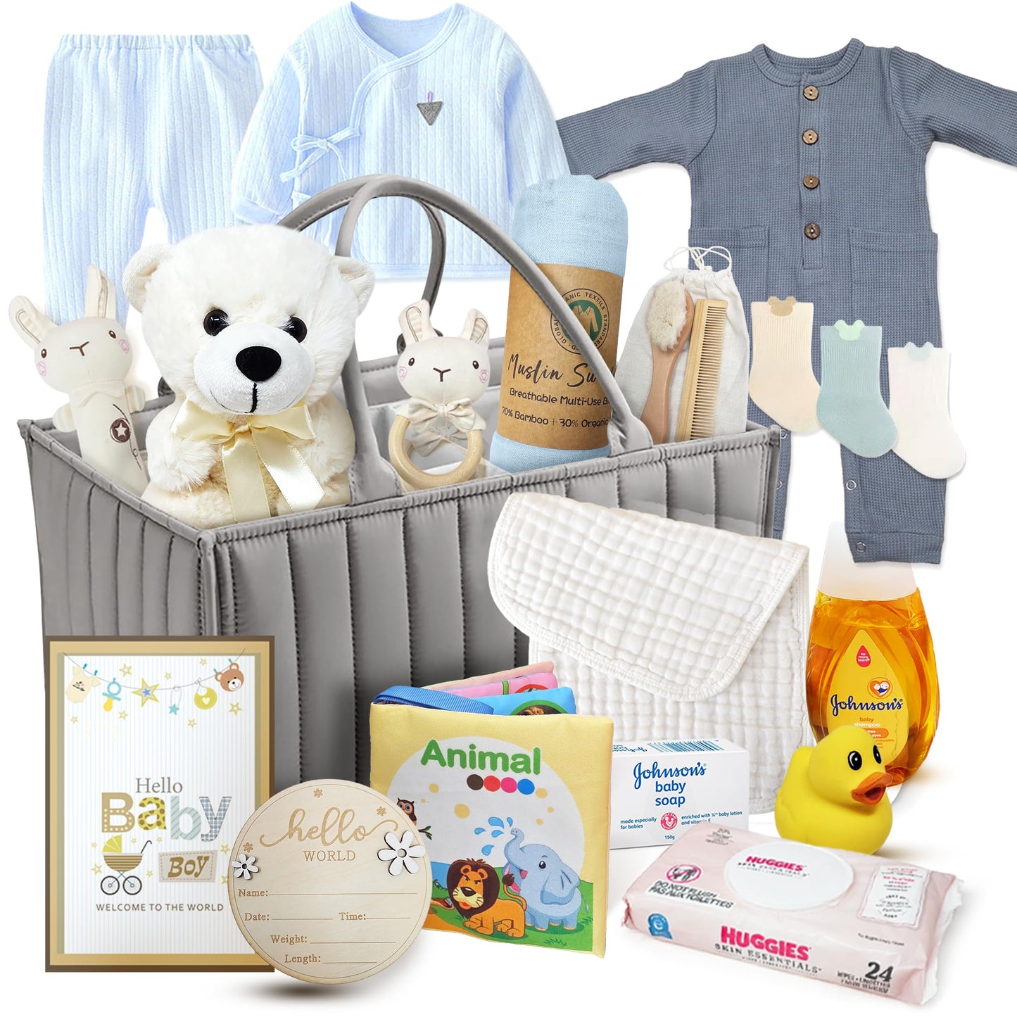 New Baby Boy Gift Basket | Unique Gift Set in a foldable diaper bag for a New MOM Light Blue Gift Set. Welcome Baby Care Package w/Newborn Essentials for Expecting Moms Baby Shower, After Labor Gift