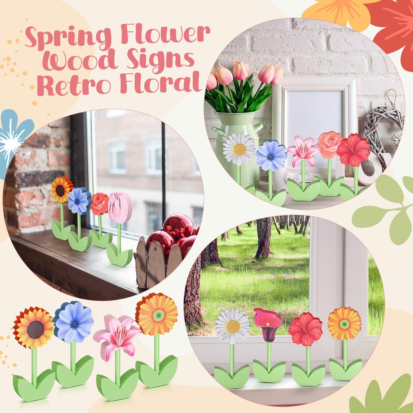 Yousoontic 10 Pack Spring Wooden Flower Table Decor Wood Tulips Daisies Centerpiece Signs Flower Shelf Sitter Floral Tiered Tray Decorations for Crafts Home Easter Office Decor Mother's Day Gifts