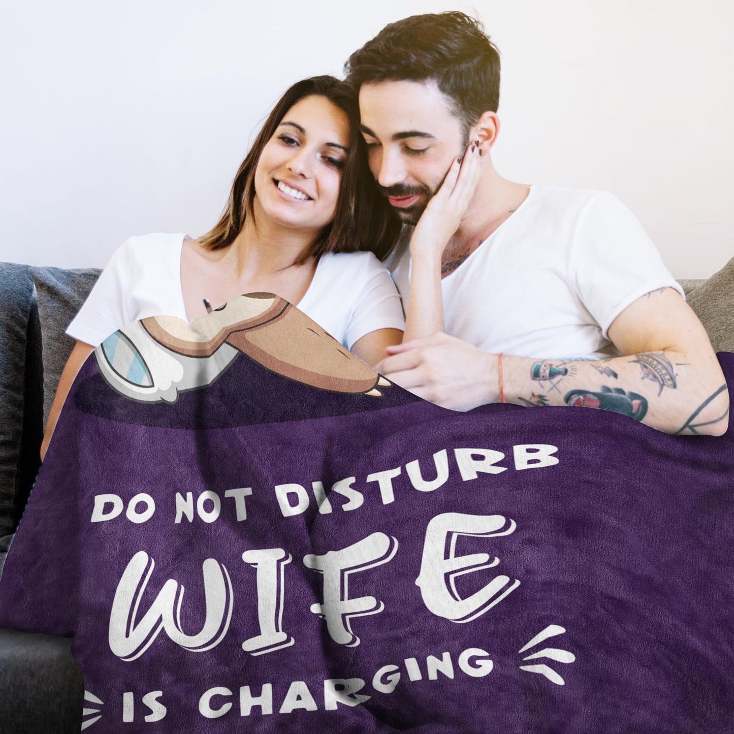 Leebbsin Funny Gifts for Wife Mothers Day, Anniversary Wedding Gifts for Wife, Wifey is Charging Sloth Blanket, Birthday Gift for Wifey from Husband, Gift for Her Christmas 60" x 50", Purple