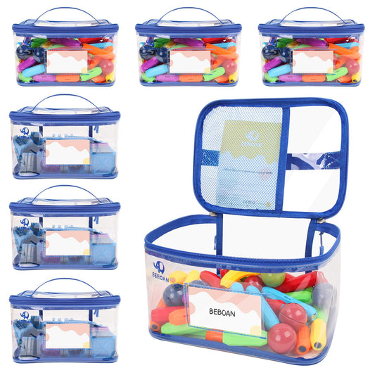 BEBOAN 6 Packs Storage Bags Organizer Jewelry Clothing Storage for Family Members, Travel Waterproof Container for Clutter and Other Little Items, Reusable Clear PVC Organizing Case Bags Blue