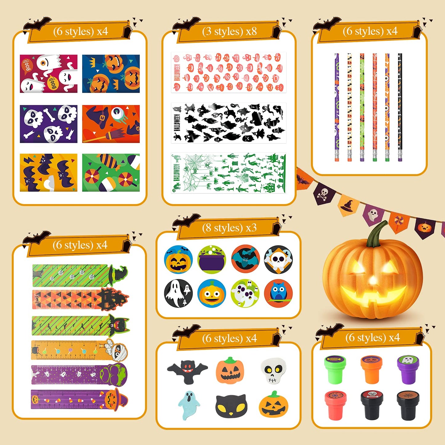 SpringFlower 168pcs Halloween Party Favors For Kids, Halloween Stationery set , Halloween Goody Bag Fillers including Pencil, Eraser, Ruler, Notepad, Stamper, Sticker For Trick or Treat