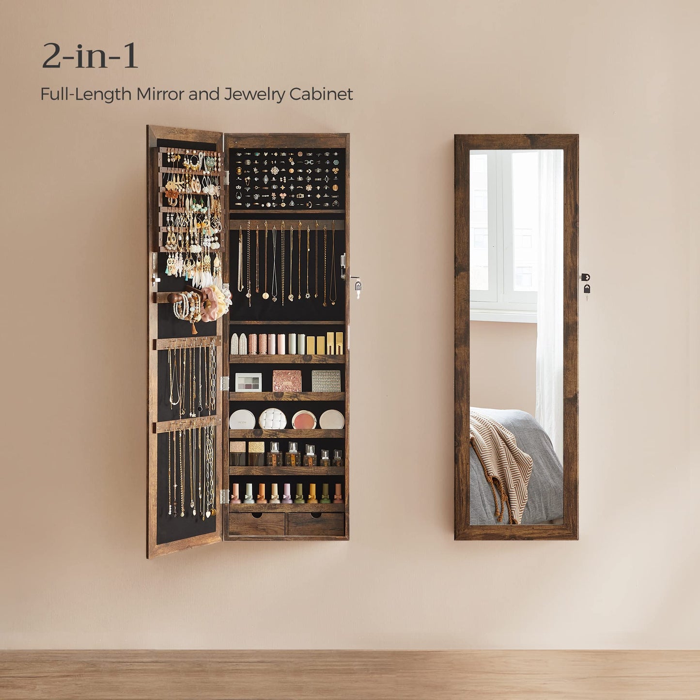 SONGMICS 6 LEDs Mirror Jewelry Cabinet, 47.2-Inch Tall Lockable Wall or Door Mounted Jewelry Armoire Organizer with Mirror, 2 Drawers, 3.9 x 14.6 x 47.2 Inches, Rustic Brown UJJC93CB