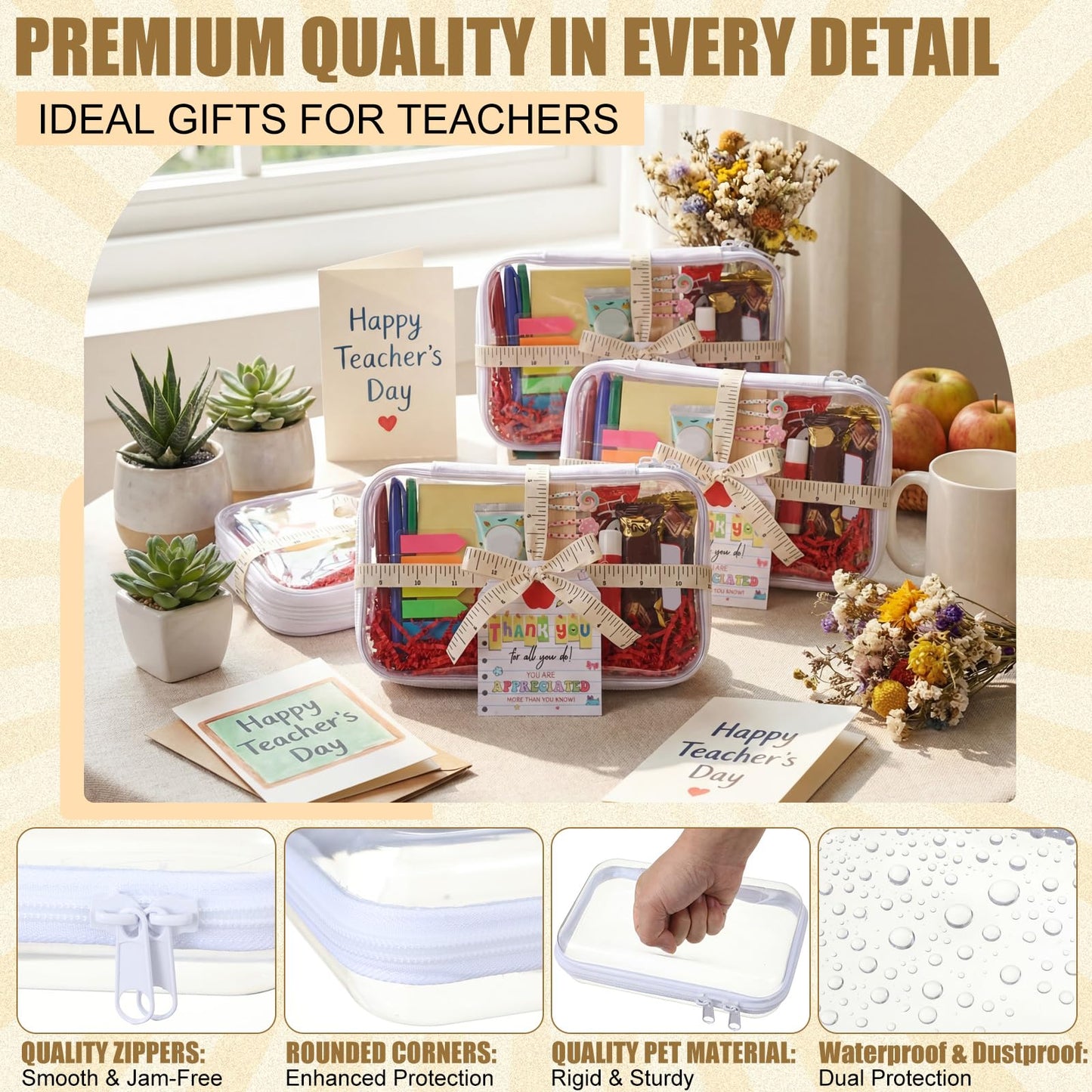 Pickmesh 6 Sets Teacher Appreciation Gifts Box Clear Hard Shell Zipper Case with Thank You Cards and Ruler Ribbon Paper Shred Filler for Gift Wrapping Teacher Appreciation Week Graduation Present