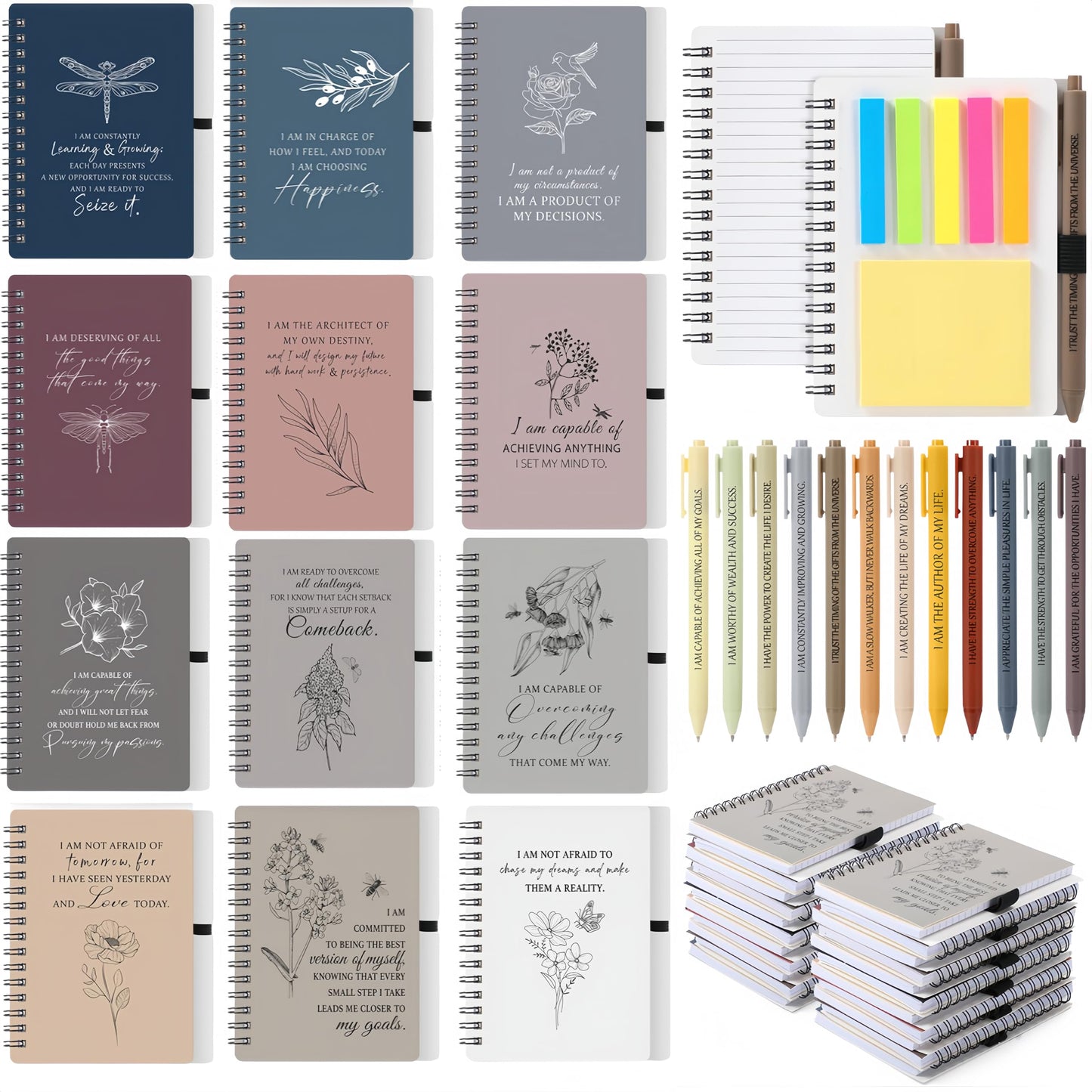Kosiz 24 Pcs/12 Set Positive Affirmation Gifts for Women Bulk Gratitude Spiral Notebook Journals with Pens Self Care Mental Health Gifts Employee Coworker Teacher Nurse Volunteer Mothers Day (Simple)