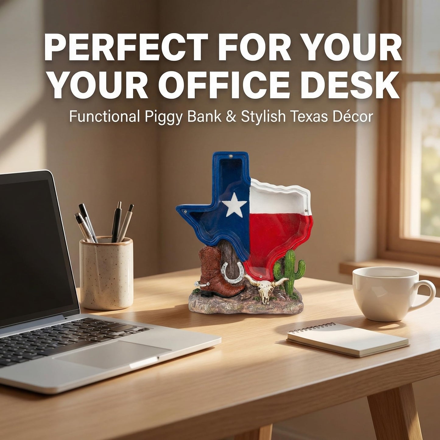 Texas Souvenir, Texas Piggy Bank - Texas State Design with Cowboy Boot, Horse Shoe & Cactus Western Decor for Desk & Home, Texas Gifts for Man or Woman.