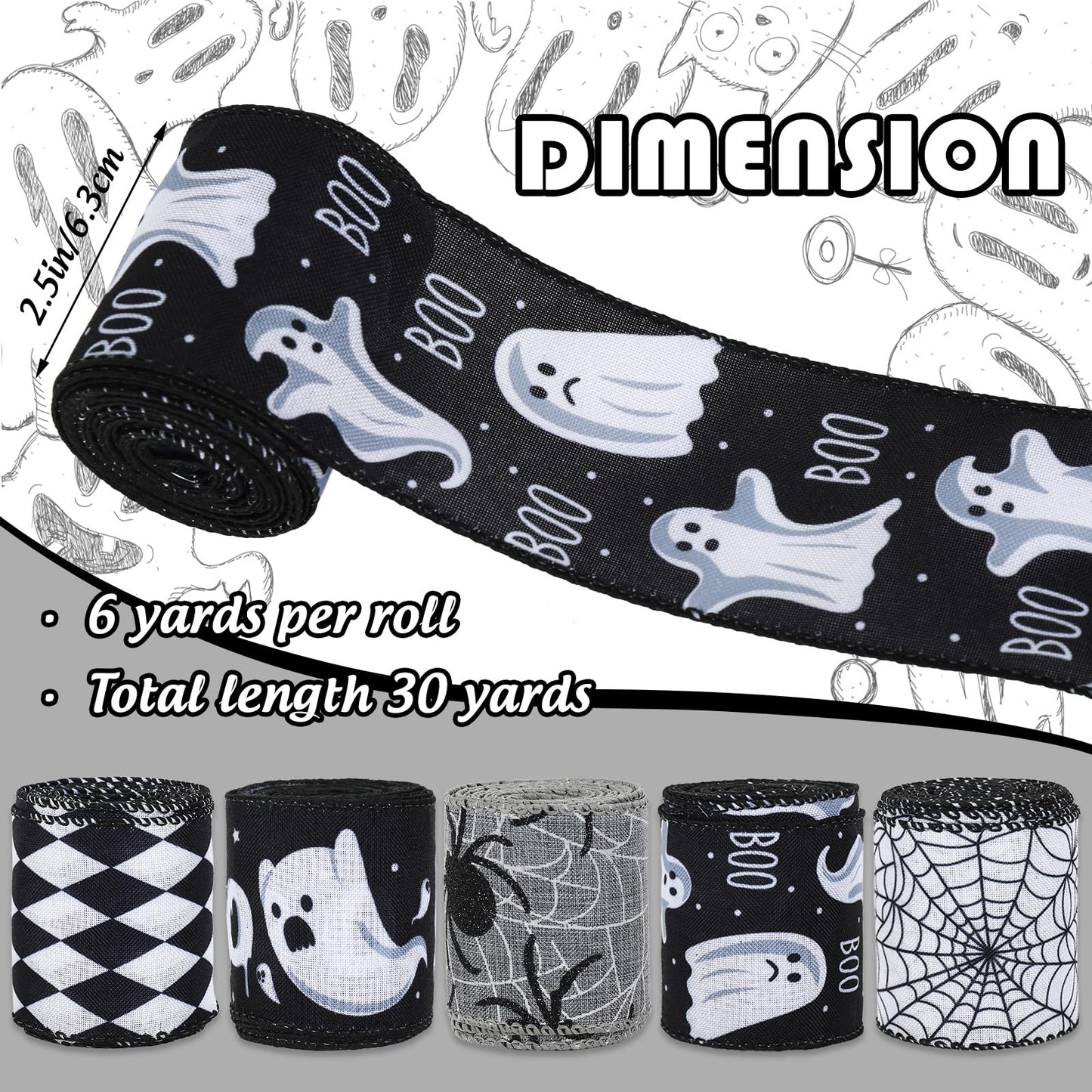 AnyDesign 30 Yards Halloween Wired Edge Ribbon 5 Roll Spooky Boo Ghost Spider Wed Checks Decorative Ribbon Black White Halloween Craft Fabric Ribbon for Wreath Bow Making DIY Gift Wrapping Supplies