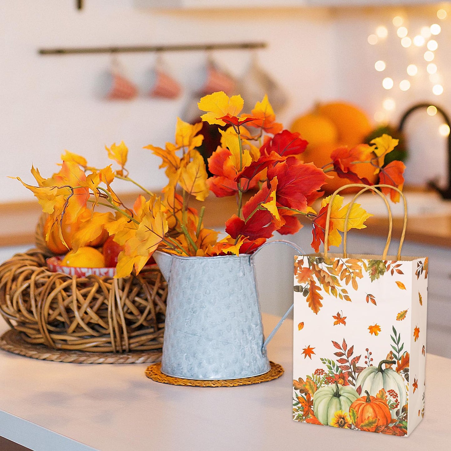 JarThenaAMCS 24Pcs Fall Kraft Paper Gift Bags Pumpkin Maple Leaves Treat Bags with Handles Grocery Shopping Bags Candy Goodie Bags for Autumn Thanksgiving Baby Shower Birthday Party Favors Supplies