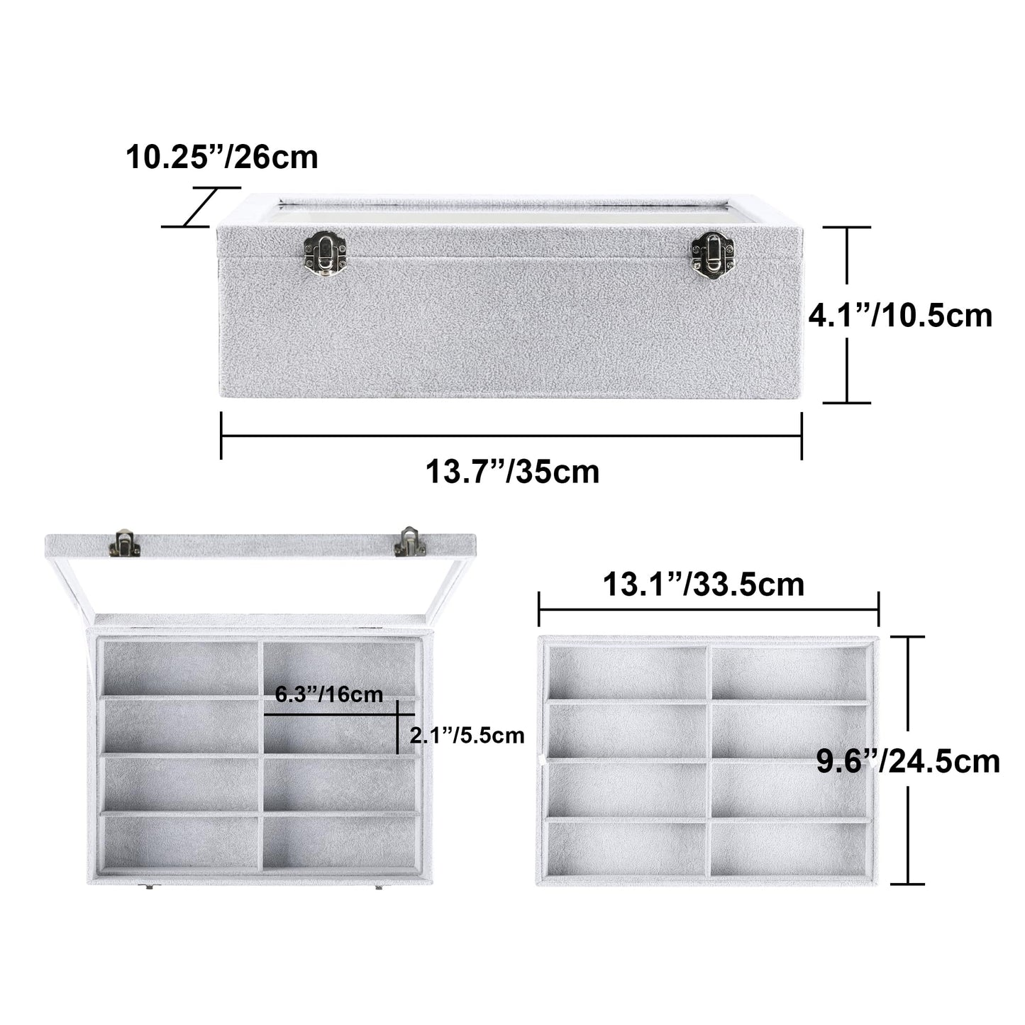 Frebeauty 16 Slots Sunglasses Organizer,2 Layer Velvet Sunglasses Tray with Glass Lid,Multiple Pairs Sunglass Display Case for Man or Woman,13.7 * 10.25 * 4.1 Inches Eyeglass/Eyewear Box (Grey)