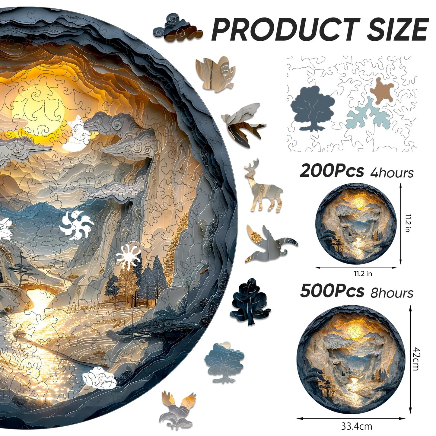 Qiuenisray 3D Vision Effect Sunset Wooden Puzzle 200 Piece, Mountains Rivers Bright Jigsaw Puzzle, FSC Certified Wood Puzzle, Beautiful Wall Decor, Creative Gift Family Game 11.2x11.2 in