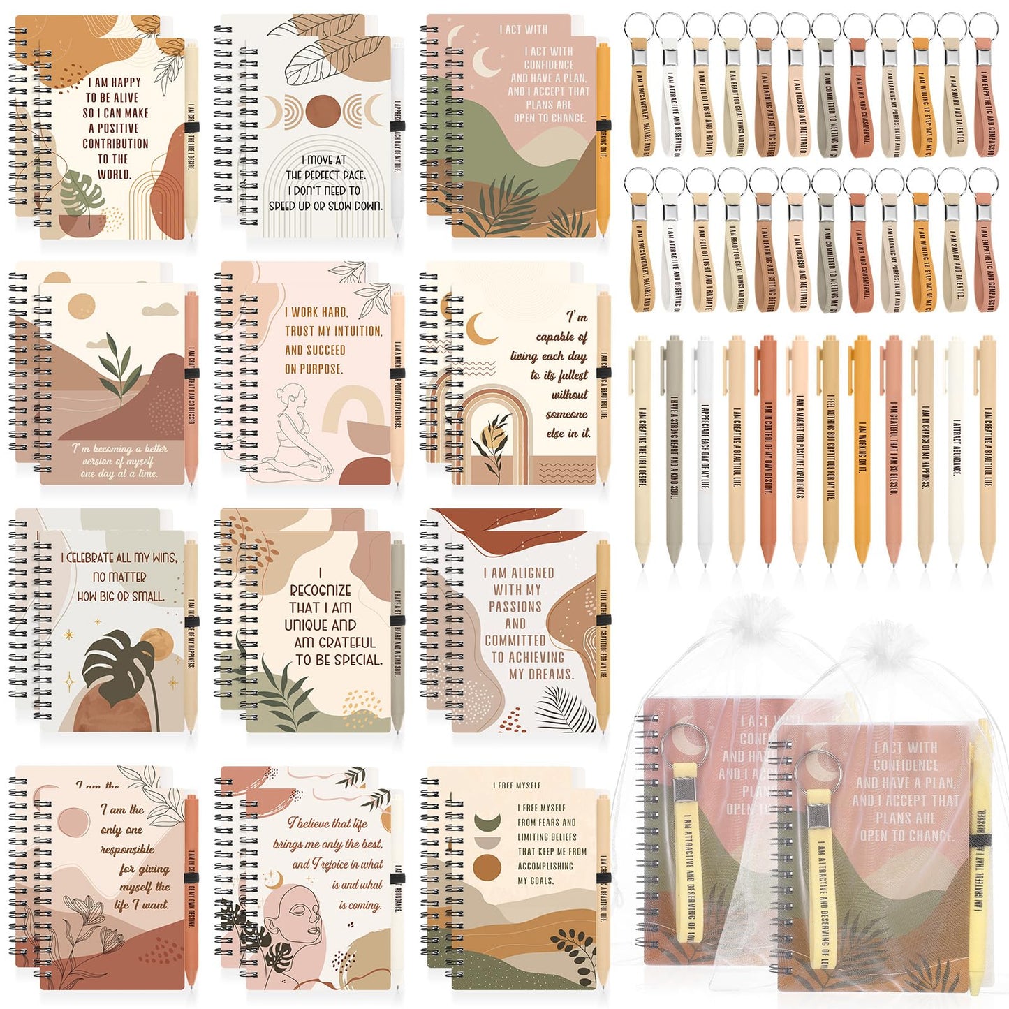Funrous 72 Pcs/24 Set Positive Motivational Gift Set for Women Bulk Gratitude Spiral Journals Notebooks Affirmation Pens Keychains for Teacher Appreciation Coworker Nurse Adult Party Favor (Boho)
