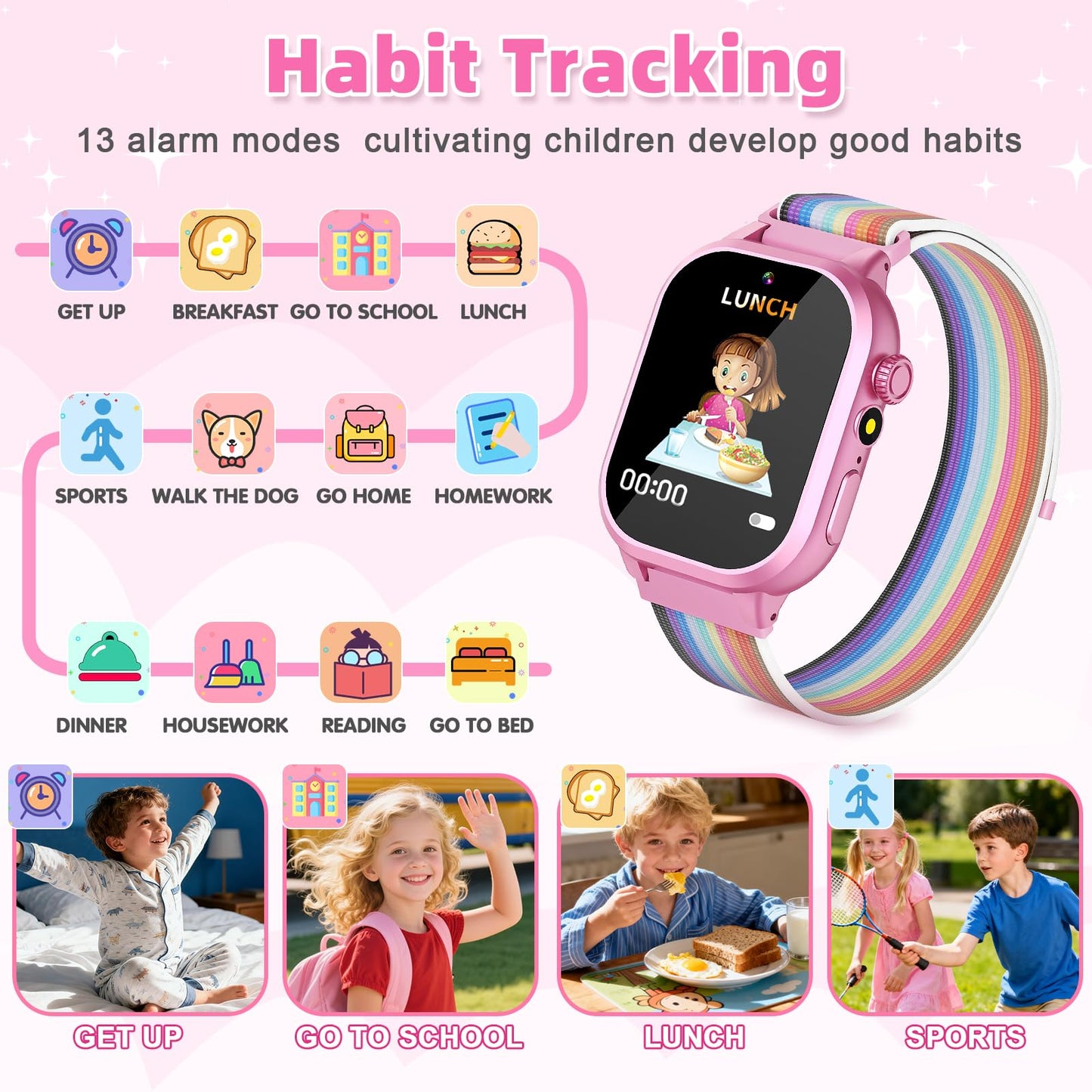 Kids Smart Watch Girls Gift for Girl Aged 5-12, 40 Games HD TouchScreen Kids Watch with Video Camera Music Pedometer Audiostory Learn Card Toys Birthday Gifts for Girls Ages 5 6 7 8 9 10(Pink)