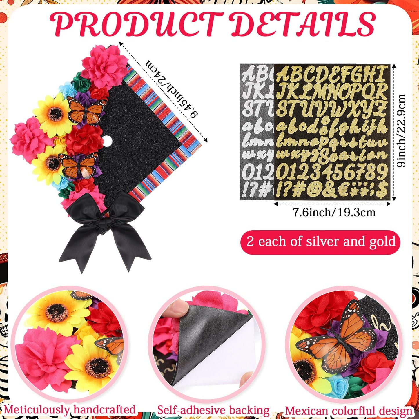Gersoniel Colorful Graduation Cap Decorations Kit with Pre-assembled Faux Flowers Glitter Cardstock Stickers Butterfly Alphabet Decal (Mexican)
