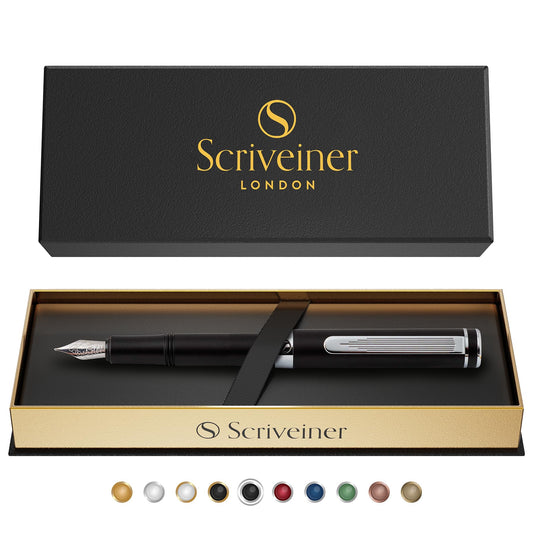 Scriveiner Luxury EDC Fountain Pen (Fine), Stunning Matt Black Pocket Pen, Chrome Finish, Schmidt German Nib, Converter, Best Writing Pen Gift Set for Men & Women, Nice Fancy Office Designer Pen