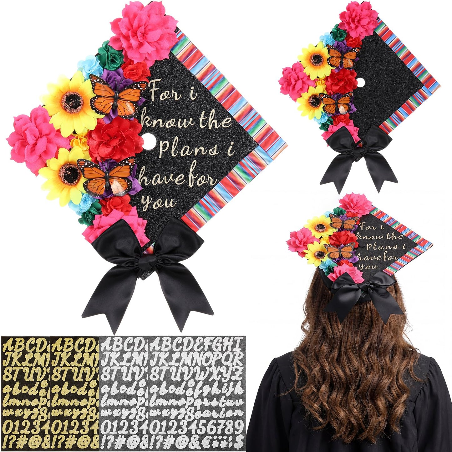 Gersoniel Colorful Graduation Cap Decorations Kit with Pre-assembled Faux Flowers Glitter Cardstock Stickers Butterfly Alphabet Decal (Mexican)
