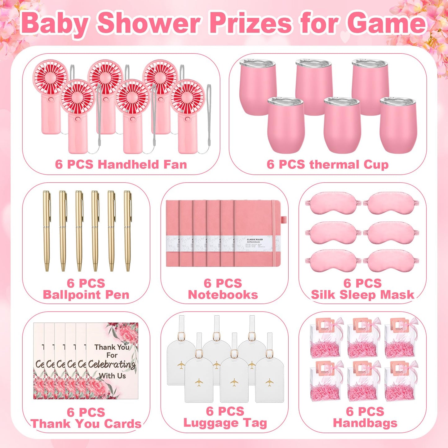 Talltalk 6 Sets Baby Shower Prizes for Game Wedding Bridal Shower Winners Gifts Guest Favors Luggage Tag Handheld Fan Cup Notebooks Silk Eye Mask Ballpoint Pen Card Bags(Pink)