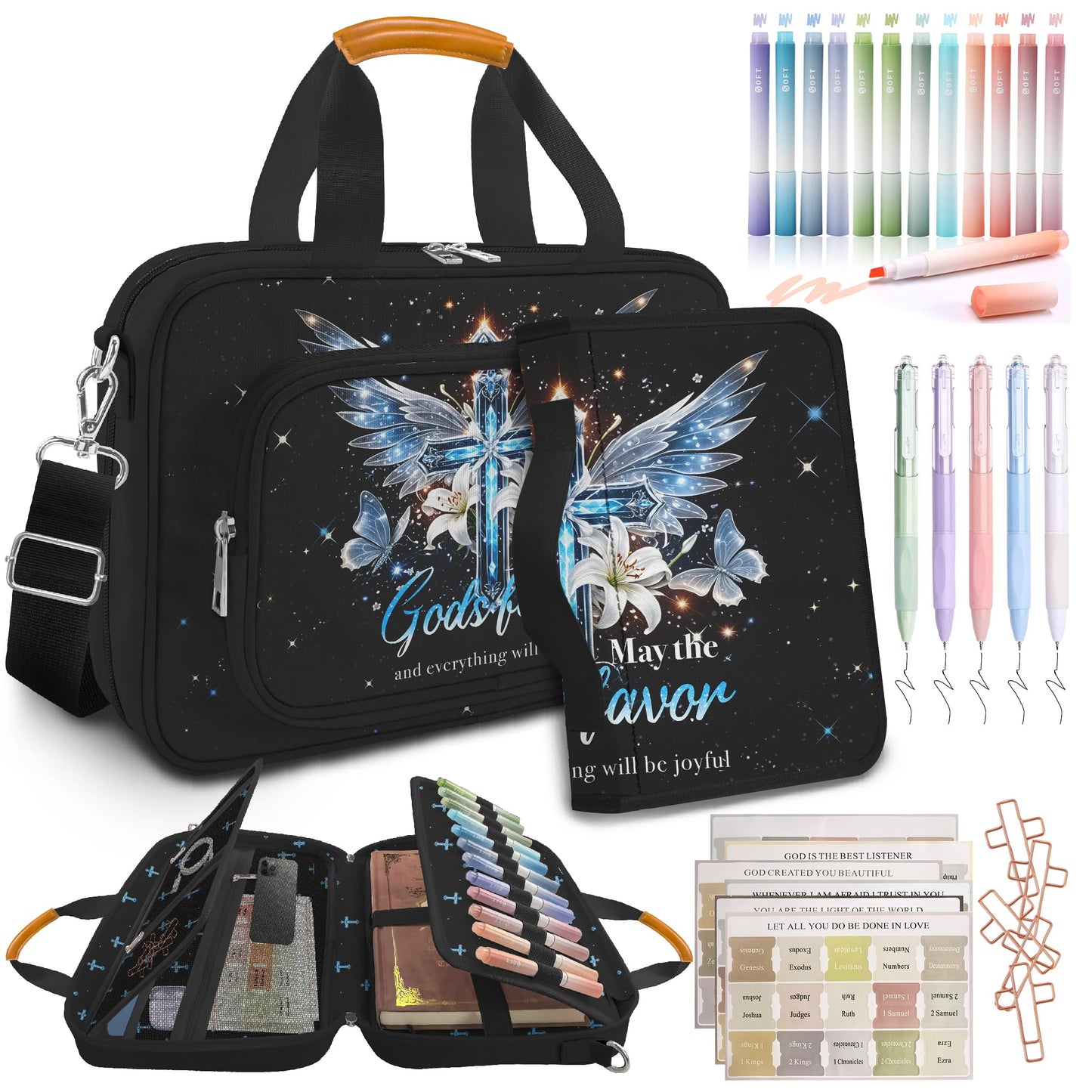 Bible Cover for Women Large Bible Cover Bible Carrier Bag for Women Organizer Cross Bible Study Supplies Journaling Kit Book Carrying Case with Bible Highlighters Shoulder Strap Christian Gifts