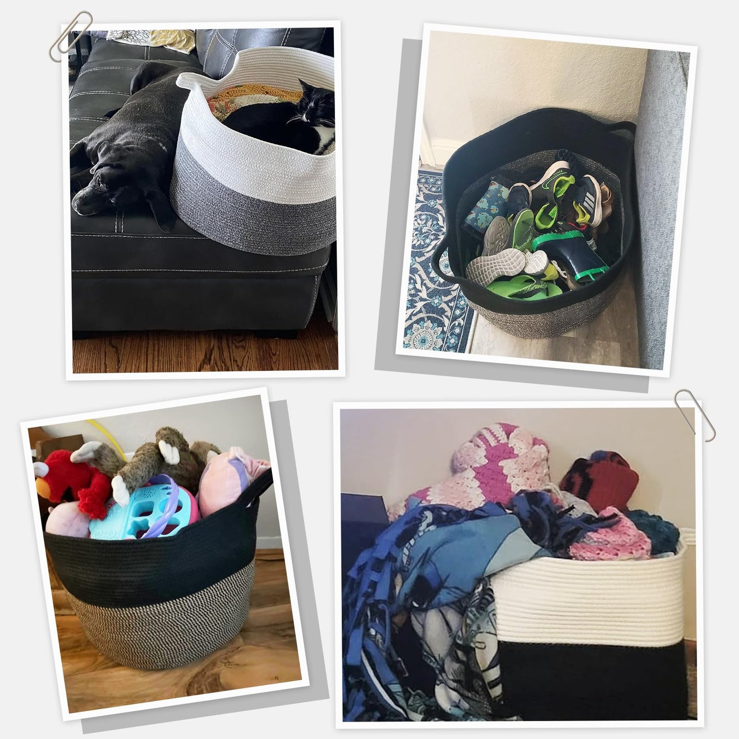 INDRESSME XXXLarge Blanket Basket 21.7" x 21.7" x 13.8" Woven Storage Baskets Soft Cotton Rope Toy Baskets Storage Kids Decorative Laundry for Home, Perfect for Living Room, Black