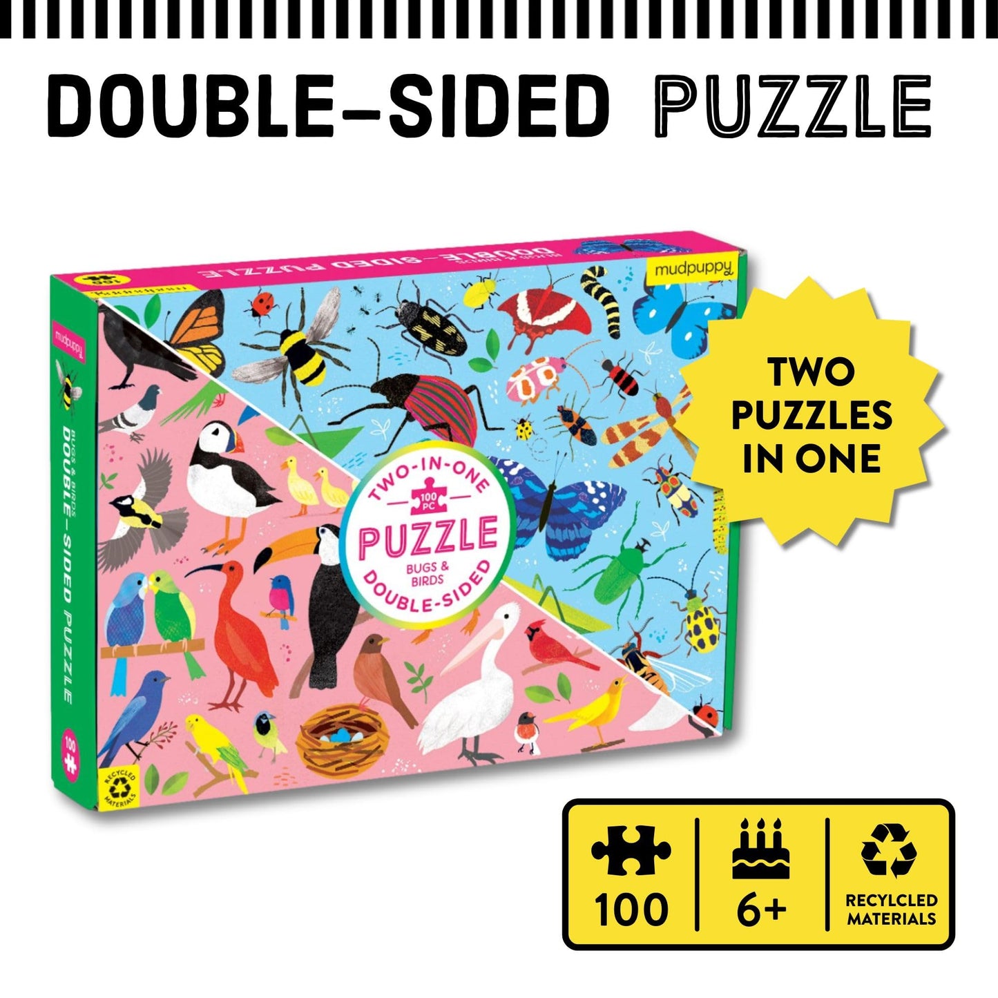 Mudpuppy Bugs and Birds Double-Sided Puzzle, 100 Pieces, 22” x 16.5” – Perfect Family Puzzle for Ages 6+ - Colorful Illustrations of Birds on One Side and Bugs on the Other, Multicolor (0735363749)